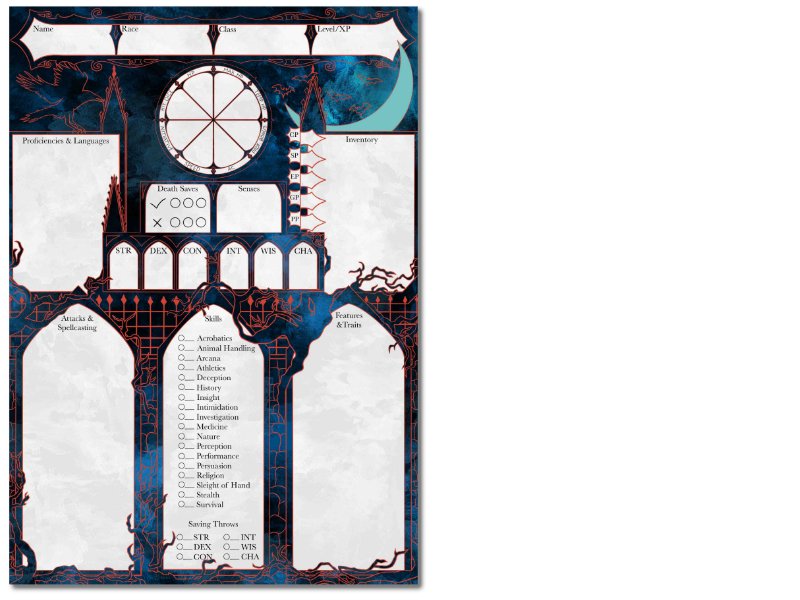Character sheet for D&D with a very gothic feel, a sense of gravestones, rose windows, and creepy trees