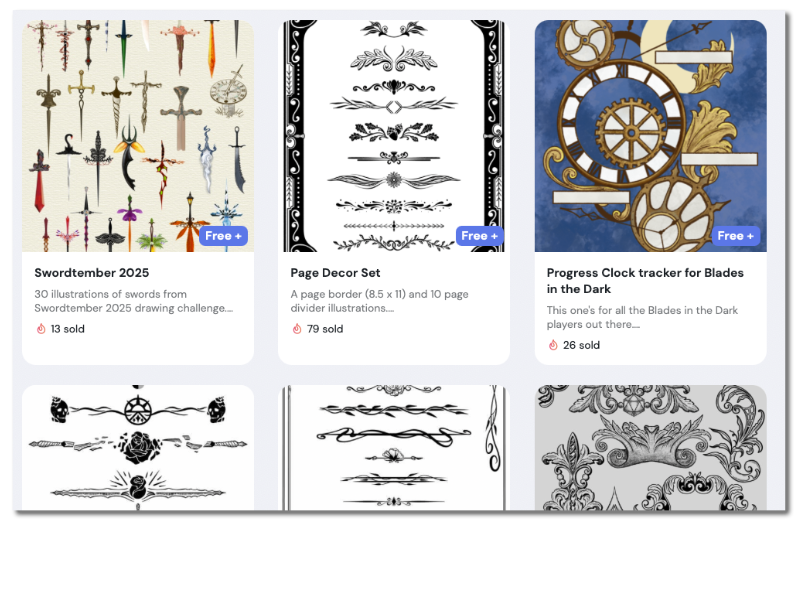 examples of art such as page decor sets, progress clock trackers, swords