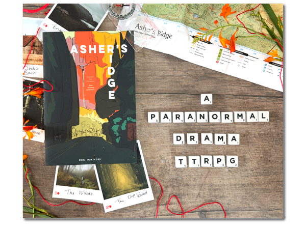 A collage showing the book cover with the title, a map, string, polaroid photographs and scrabble tiles spelling out the subtitle 'A paranormal drama'