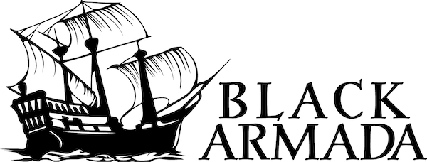 black and white image of a galleon, with the title Black Armada