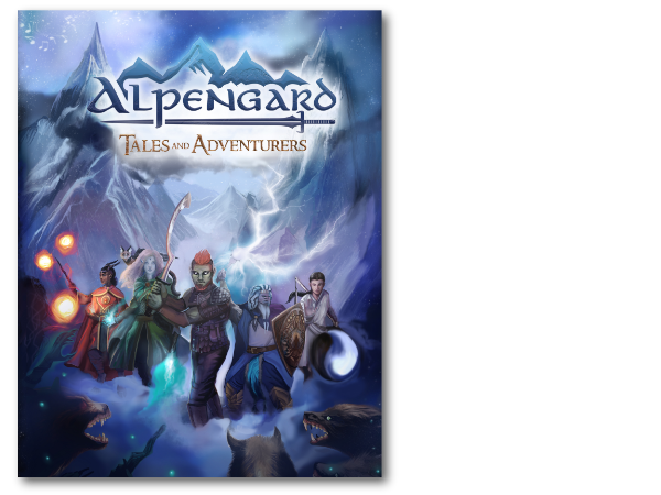 Blue mountains in the background, a party of adventurers in the foreground armed with magic and steel are facing off against wolf-like creatures