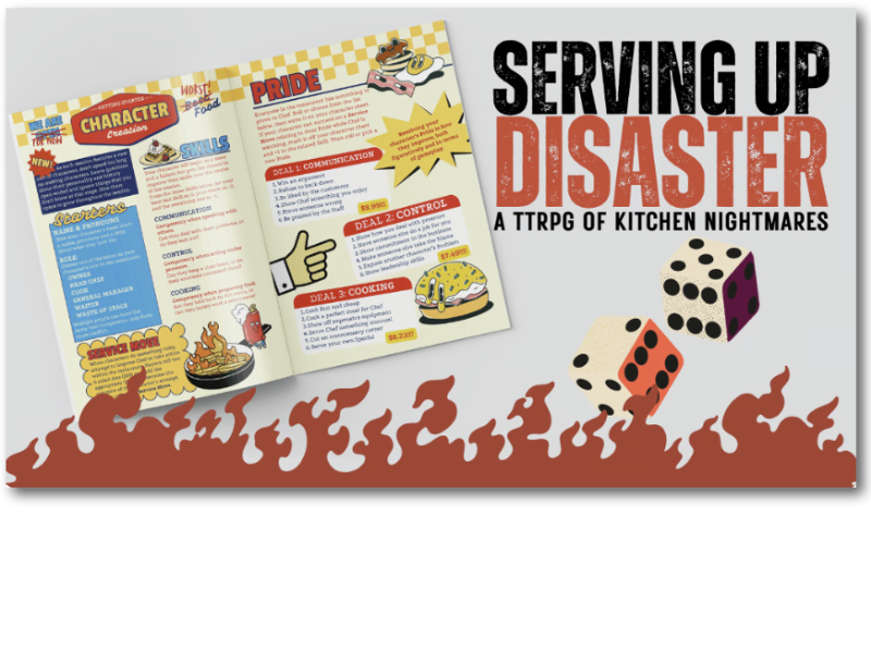 Serving up Disaster - a ttrpg of kitchen nightmares. It shows a spread of the rulebook, which is designed like a super-kitchsy restaurant menu