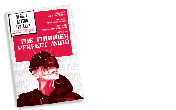 The Thunder Perfect Mind, an adult action thriller in black and red. There is a head and shoulders picture of a femme character with nail-covered leather headgear and dripping red lipstick