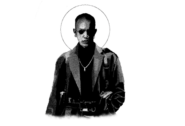 A monochrome figure in dark leather and clothes, with sunglasses. An abstract halo encircles the head