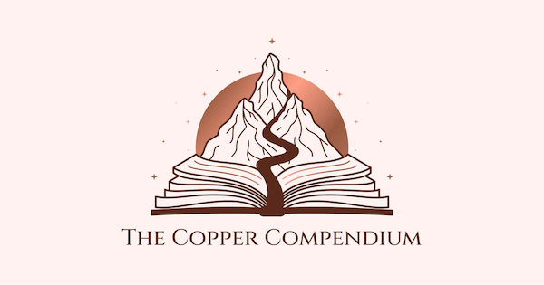 copper compendium logo showing an open book with a mountain rising from it, a river from the mountain becomes the bookmark in the book. A copper-coloured sun sets behind the mountain