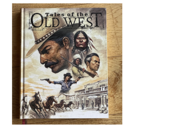 pale kahki coloured cover with a large profile of a cowboy with hat and mustache at the top, a collection of other wild west character heads in the centre, and at the bottom galloping horses and a pastel saloon frontage