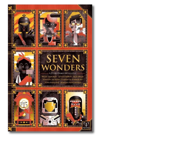 cover of seven wonders which includes six semi-abstract portraits of characters representative of each adventure on a red and black cover