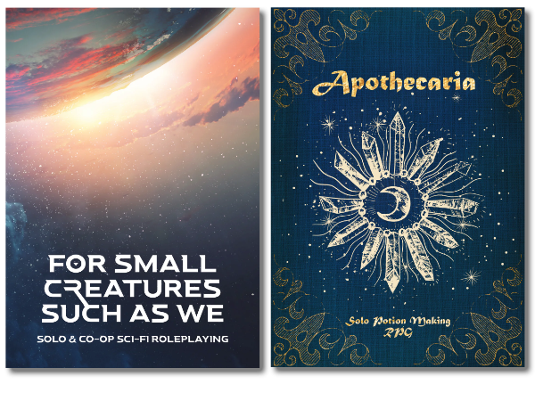 two books. One is a planet in the top left quarter, shading to stars below, and the title 'for small creatures such as we' and the other is a dark blue background with a hand drawn star of crystals in the centre, and the title Apothecaria in gold