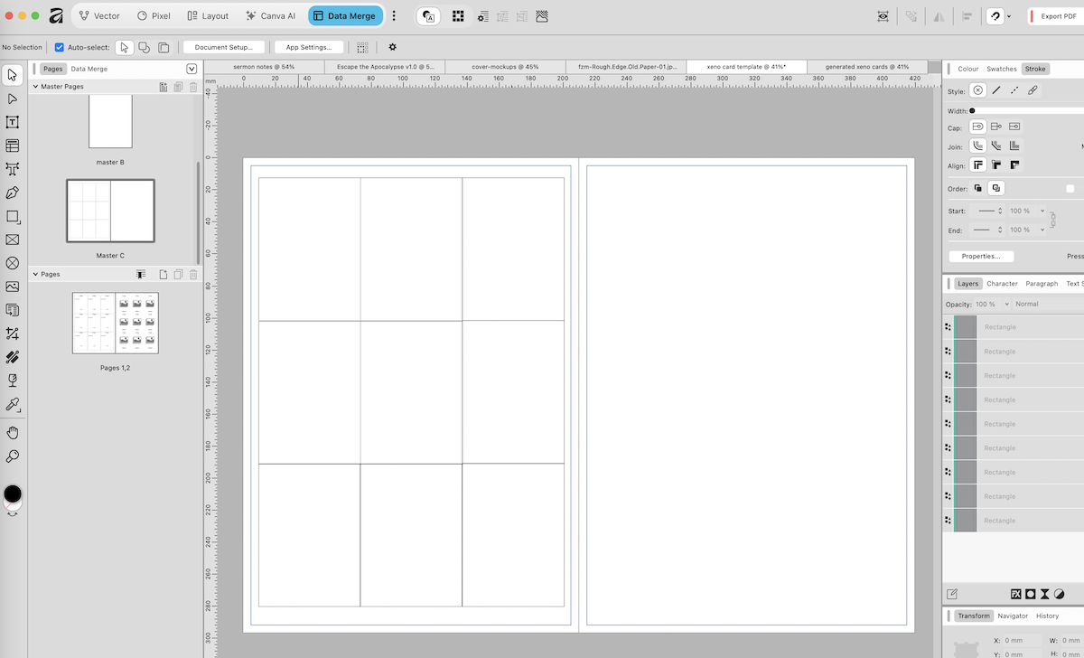 screen shot of master page showing card outlines on left hand side, not on right hand side