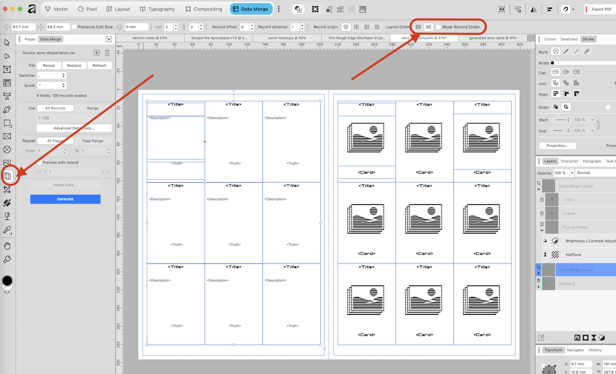 screen shot of page. Red arrow on right points to the data merge icon which is the eleventh item down the list. Another red arrow highlights the Show Record Order and Layout order buttons