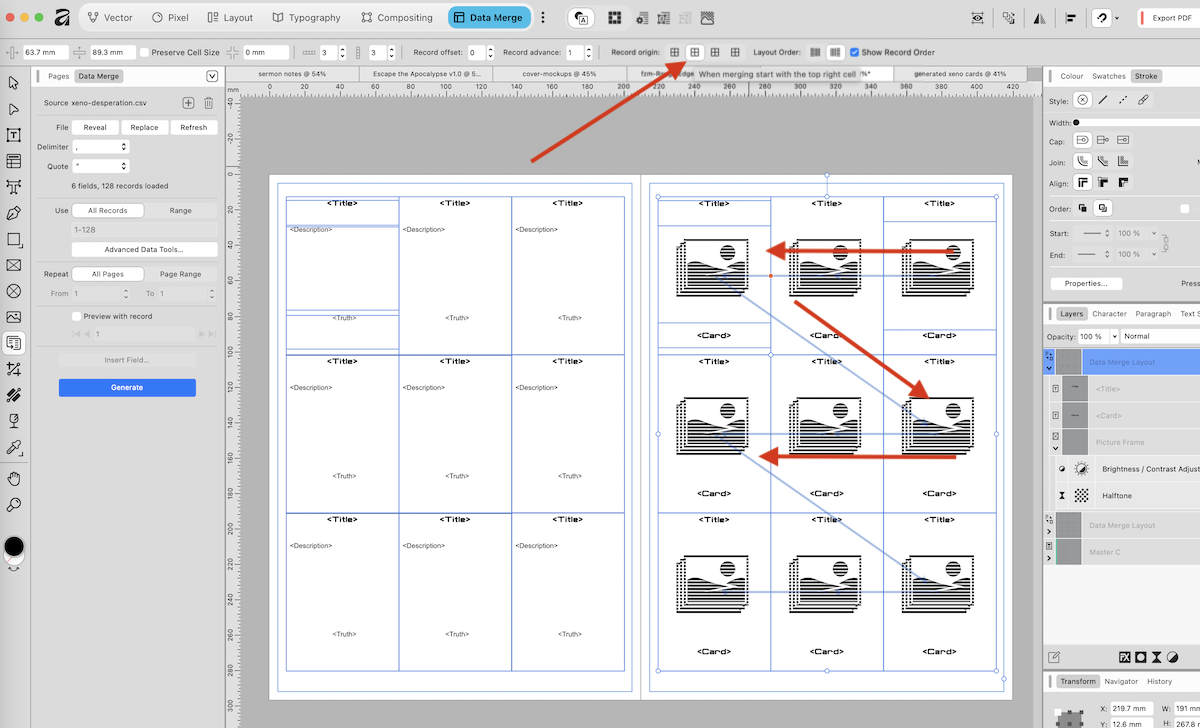 screen shot of page. Red arrows indicate the second Record Origin button is pressed, and the record order is shown going right to left, top to bottom