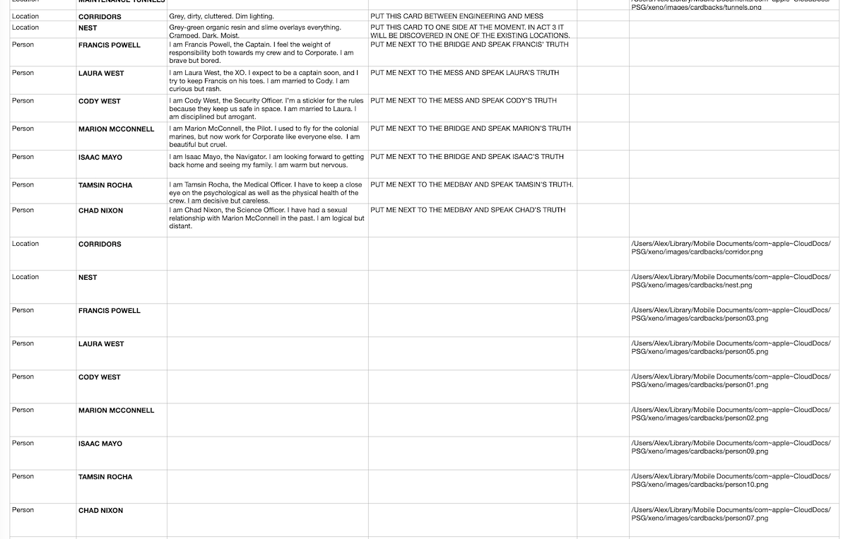 screen shot of spreadsheet, showing duplicate rows - in the first set of nine I have card type, title, description and truth. In the second set of nine I have card type, title and imageUrl