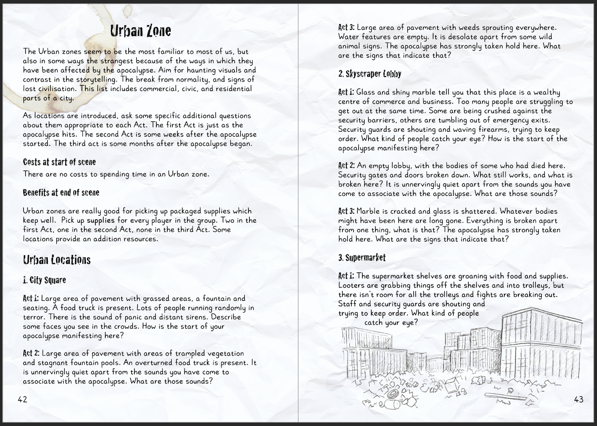 a work in progress page spread showing urban zone with a handwriting font on slightly crumpled paper, with a sketch illustration of a container yard in the bottom right and a coffee cup ring in the upper left