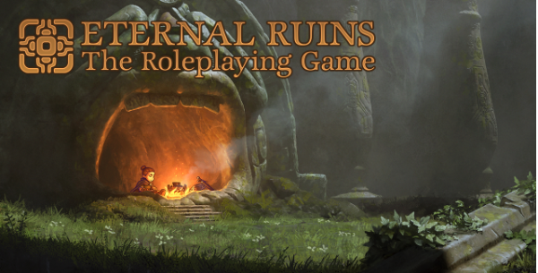 A small figure sits in a cave mouth cooking over a warm fire. beyond there is grass and great stone ruins