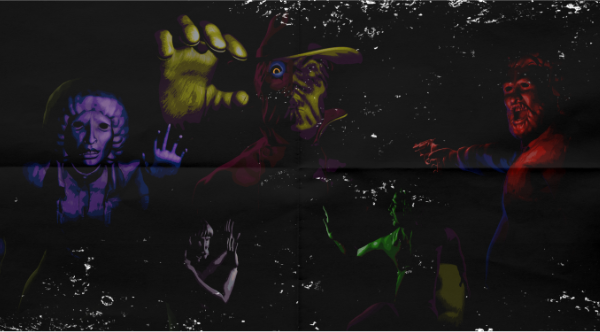 Coloured silhouettes on black background