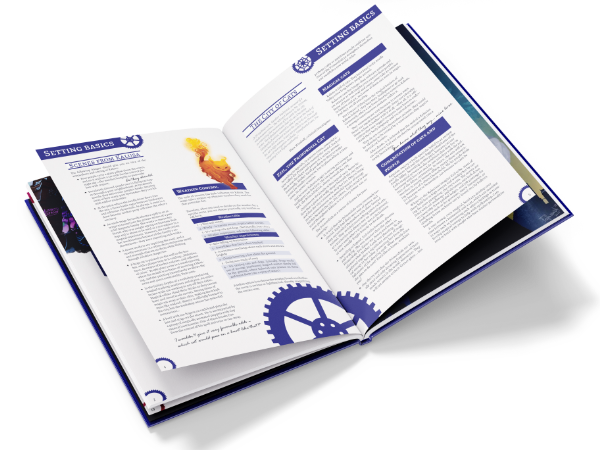 a mockup of the book interior with two columns, images, and blue boxed headings