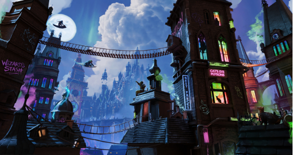 magical city roofs at night