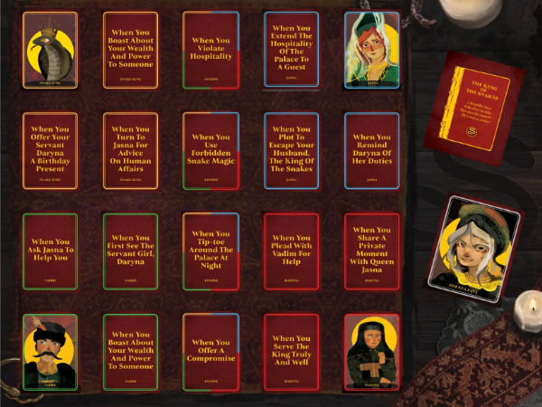cards layed out on Roll20 in a 5x4 grid, with character cards in the corners