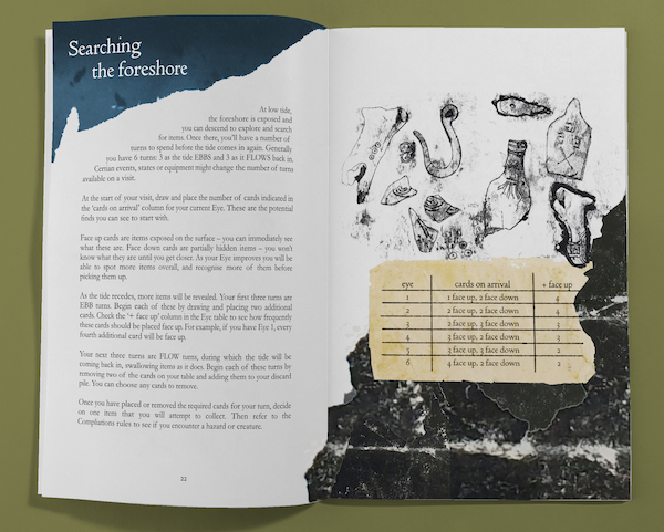 A spread showing a single column text, a table, and some art representing some of the flotsam and jetsam one might pick up