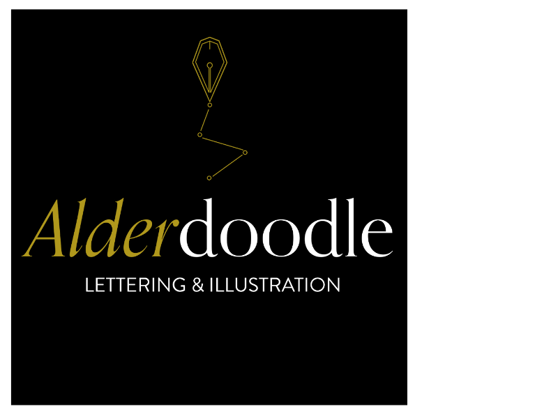 logo for Alderdoodle. The title in gold and white on a black background. above is a pen drawing a series of connected lines, below is the subtitle in white 'lettering and illustration'
