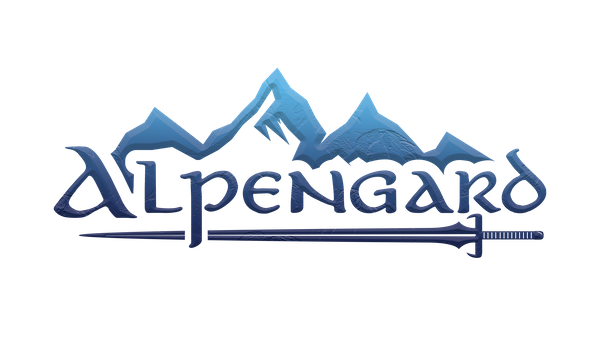logo in blue with mountain peaks above and a long sword below