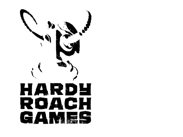 Logo with a stencil of a cockroach's head over the distressed title 'Hardy Roach Games'