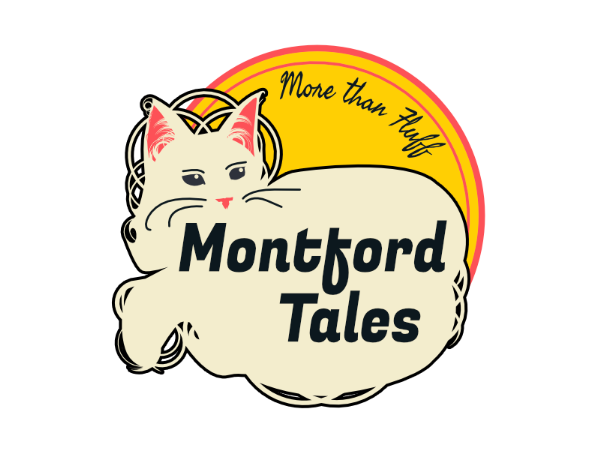 logo for Montford Tales. A white floofy cat and behind is an orange circle with red outlines and the text 'more than fluff'