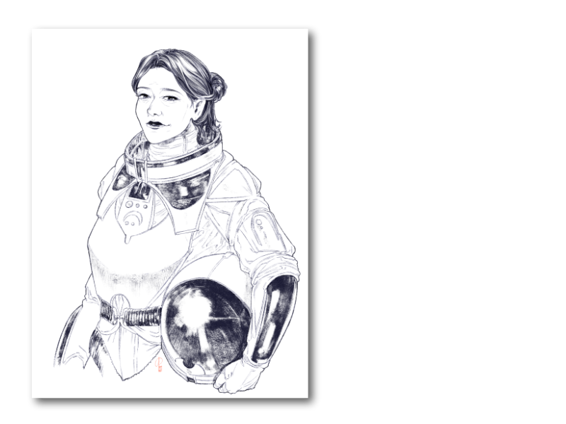 Science fiction image of a woman in a spacesuit, holding her helmet