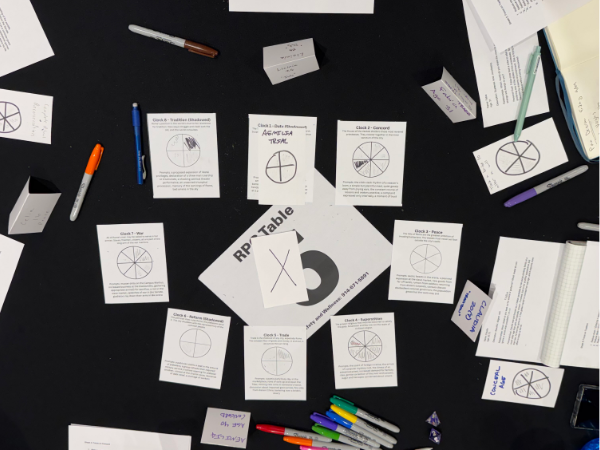A photograph of the table near the end of the game, showing the circle of clocks and various other things around on the table
