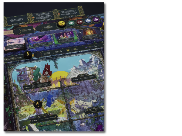 a picture of a portion of the game oard, with markers around the edge and pictures of castle, wilderness, battleground and harvest in the centre. Beautifully painted