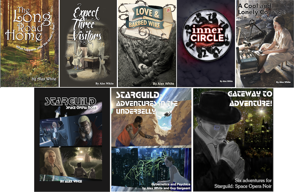 covers of my current games - The Long Road Home, Expect Three Visitors, Inner Circle, Love & Barbed Wire, A Cool and Lonely Courage, Starguild, Starguild: Adventures in the Underbelly, Starguild: Gateway to Adventure