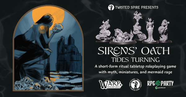 On the left hand side there is an arched panel, with a mermaid on a rock looking into the eyes of a skull she is holding. On the right hand side are five unpainted mermaid miniatures and the phrase 'A short-form ritual tabletop roleplaying game with myth, miniatures, and mermaid rage'