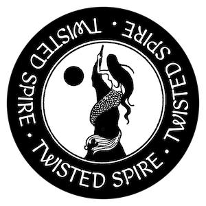 A black circle, inside which is a white circle and a mermaid entwined around a spire. She is looking up at a black moon