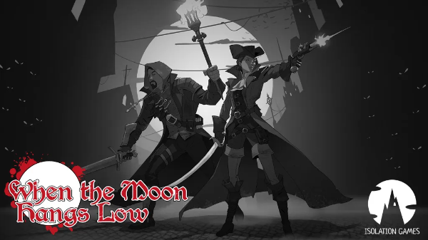 A greyscale of male and female characters armed with cutlass and flintlock in a city with a huge moon behind them
